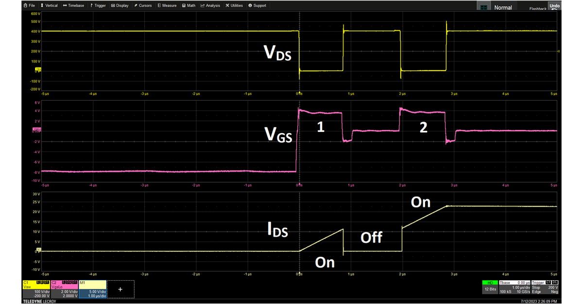 Double Pulse Test of a GaN or SiC power semiconductor device using a Teledyne LeCroy oscilloscope and DL-ISO isolated HV probe.